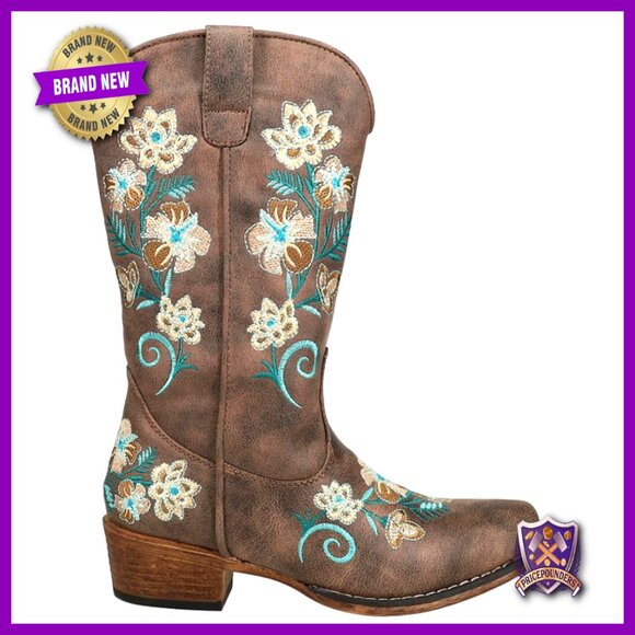 Floral Embroidered Snip Toe Western Boots Mid Calf Low Heel Retro Boho Chic